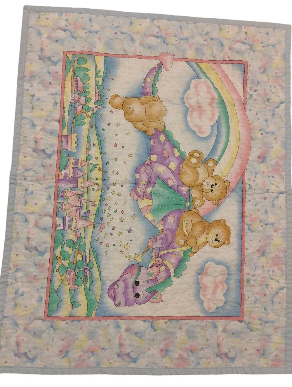 Vintage Whimsical Teddy Bears & Flying Dragon Baby Quilt With Pastel Colors